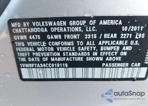 2012 Volkswagen Passat 2.5L Se z USA, uszkodzony, nr VIN 1VWBP7A34CC019110